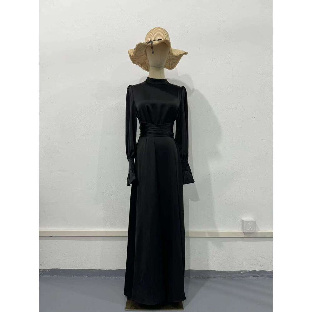 2024 Autumn New Long Waist Cinch Puff Sleeve Solid Color Fairy Style Dress