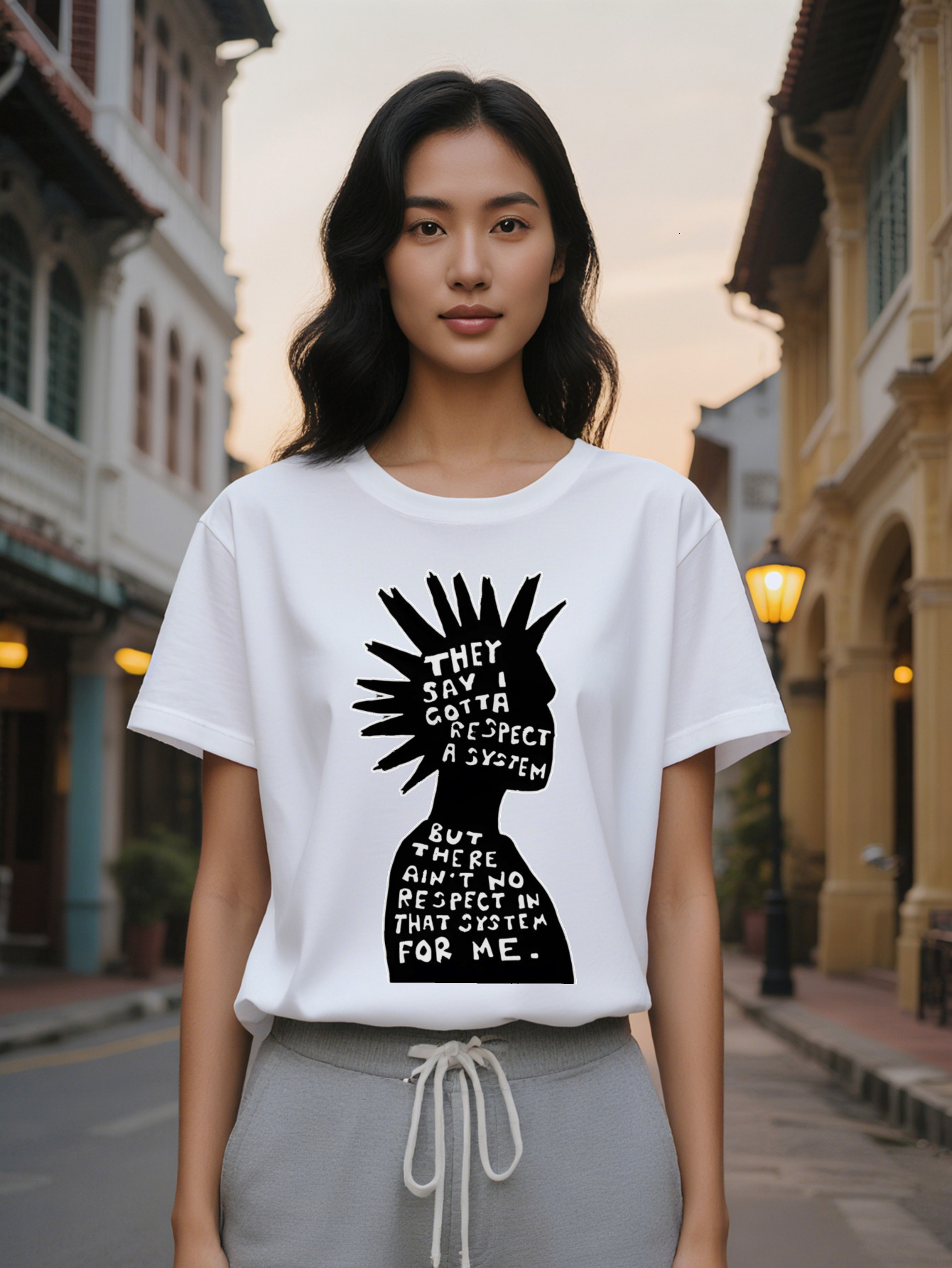 Large XL women's crew neck T-shirt with Silhouette Print They Say I Gotta a But There's No Respect in That System Me Plus size