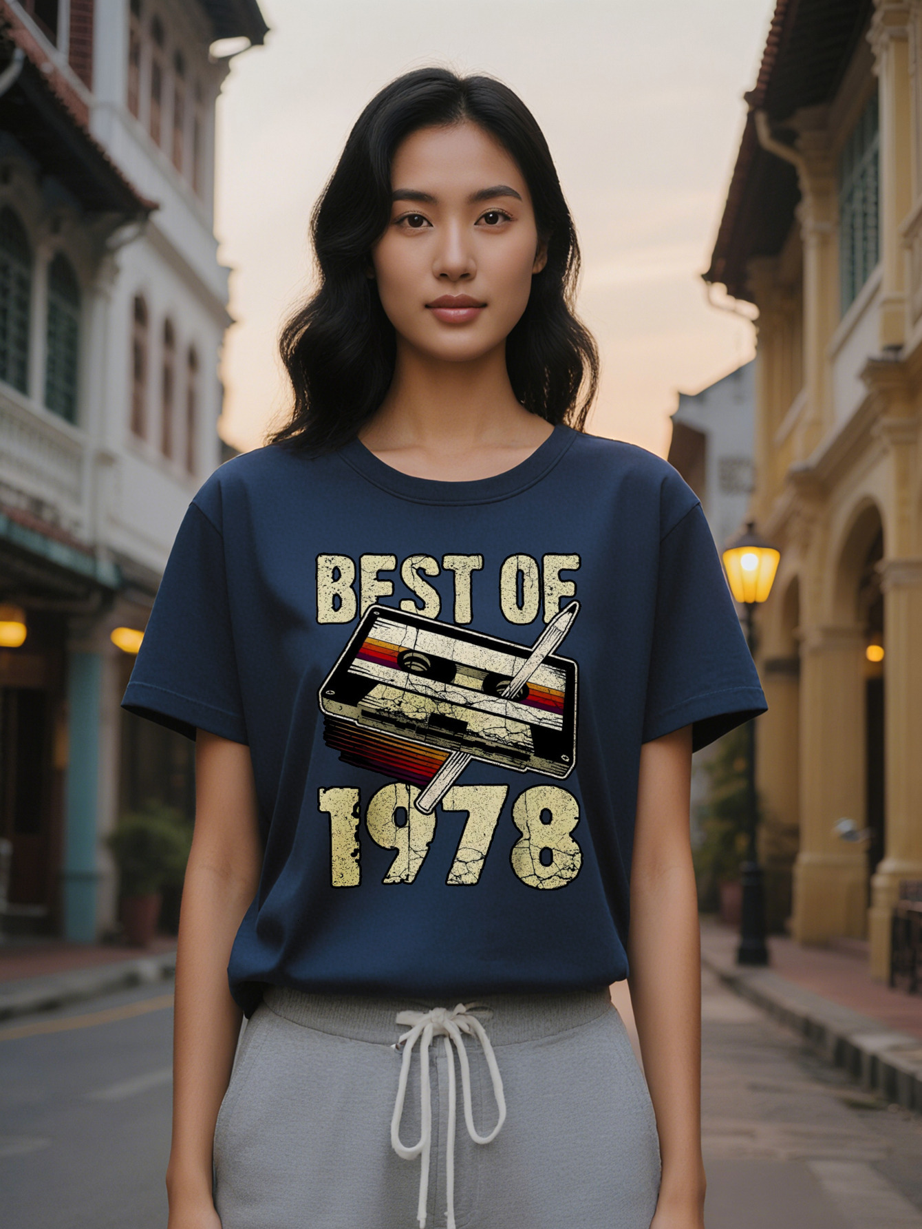 Lady Retro Cassette Tape Graphic T-Shirt Design with Best of Text Casual Round Neck Tee Lightweight Summer