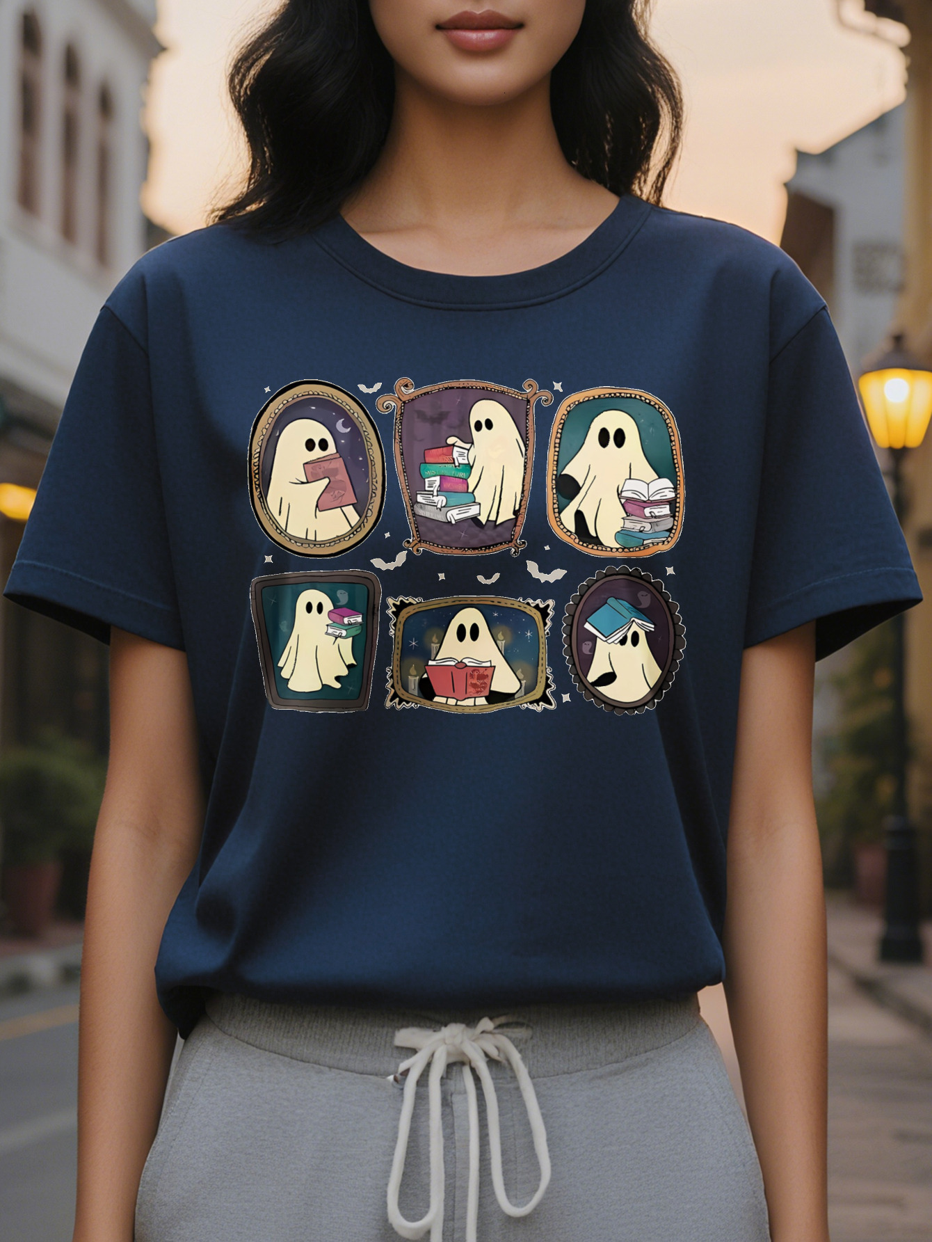 Large XL Women S Graphic T-Shirt Cute Ghosts in Grid Layout Dark Gray Casual Halloween Party Top Lightweight SpringSummer Tee Plus Size