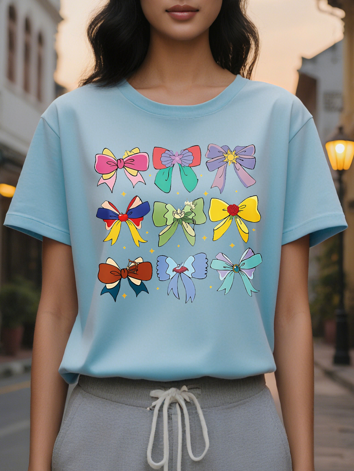 Large XL Women's Crew Neck T-Shirt with Bow and Butterfly Short Sleeve Summer Style Light Blue Jeans All-Season Top Casual Plus Size