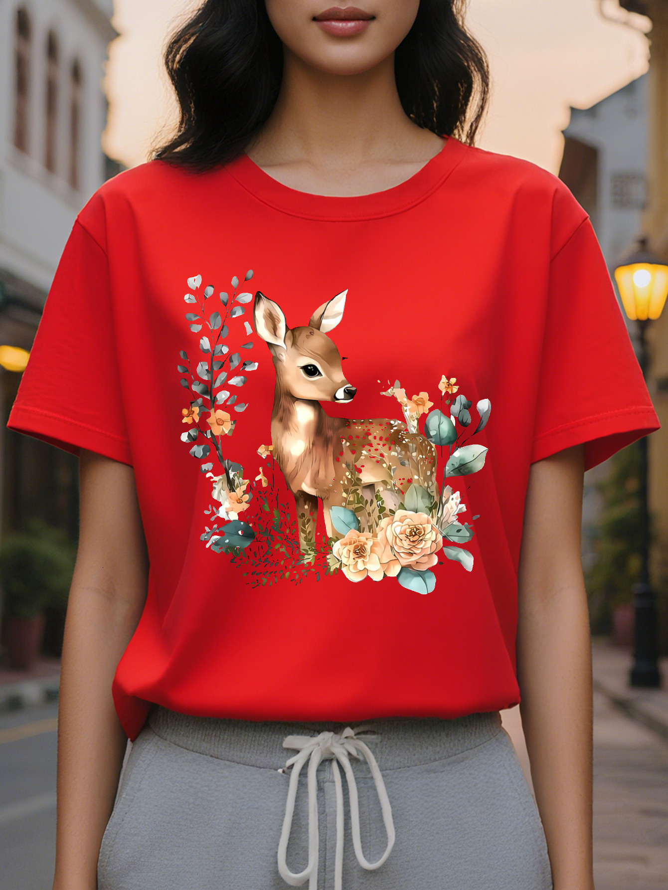 Women S Crew Neck T-Shirt and Print Short Sleeve SpringSummer Collection Cotton White with Brown Deer Design Casual