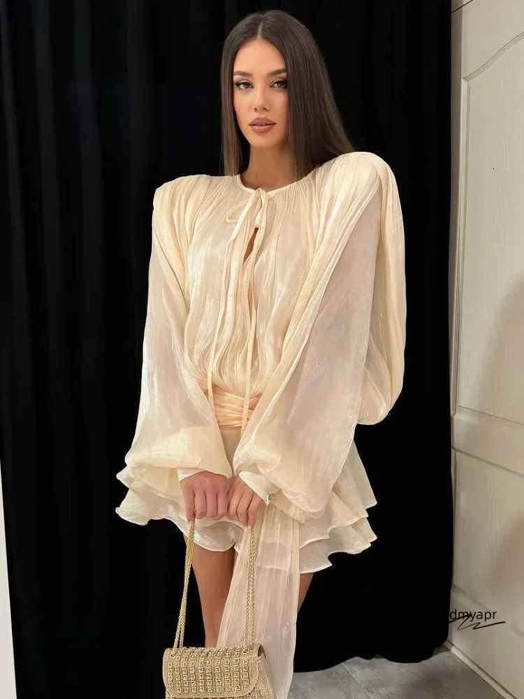 Fashion Mesh Layered Ruffle Dress Womens Sexy Long Sleeve Lace Up Bodycon Mini Ddmyday Dresses 2025 Chic Summer Night Club Party Gown Xj250610