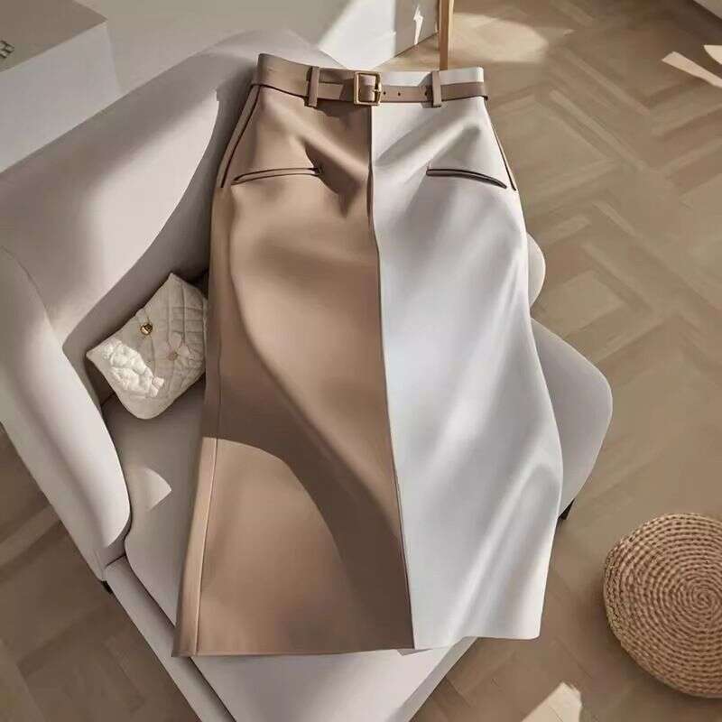Women's Clothing Popular Chic Unique Drape Beautiful High Waist Slim Straight Small Contrast Color Skirt For Women Early Autumn