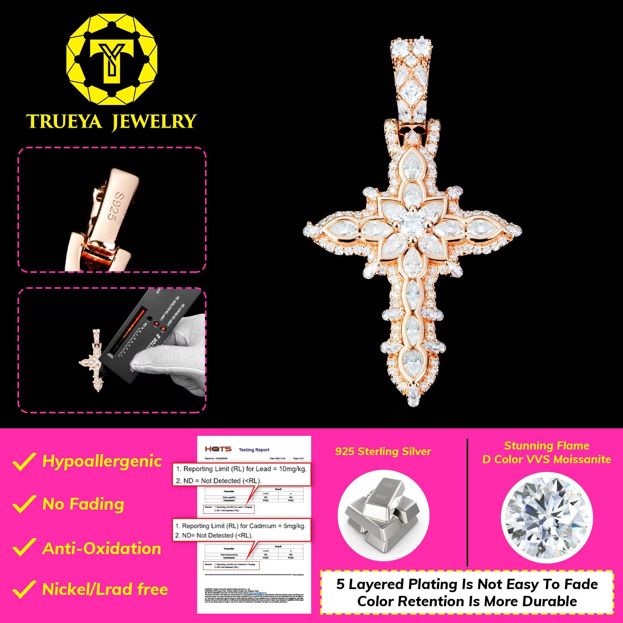 Custom Mens 14k18k Rose Gold Plated 925 Silver Diamond Mossanite Moissanite Iced Out Chain Necklace and Cross Pieces Pendant