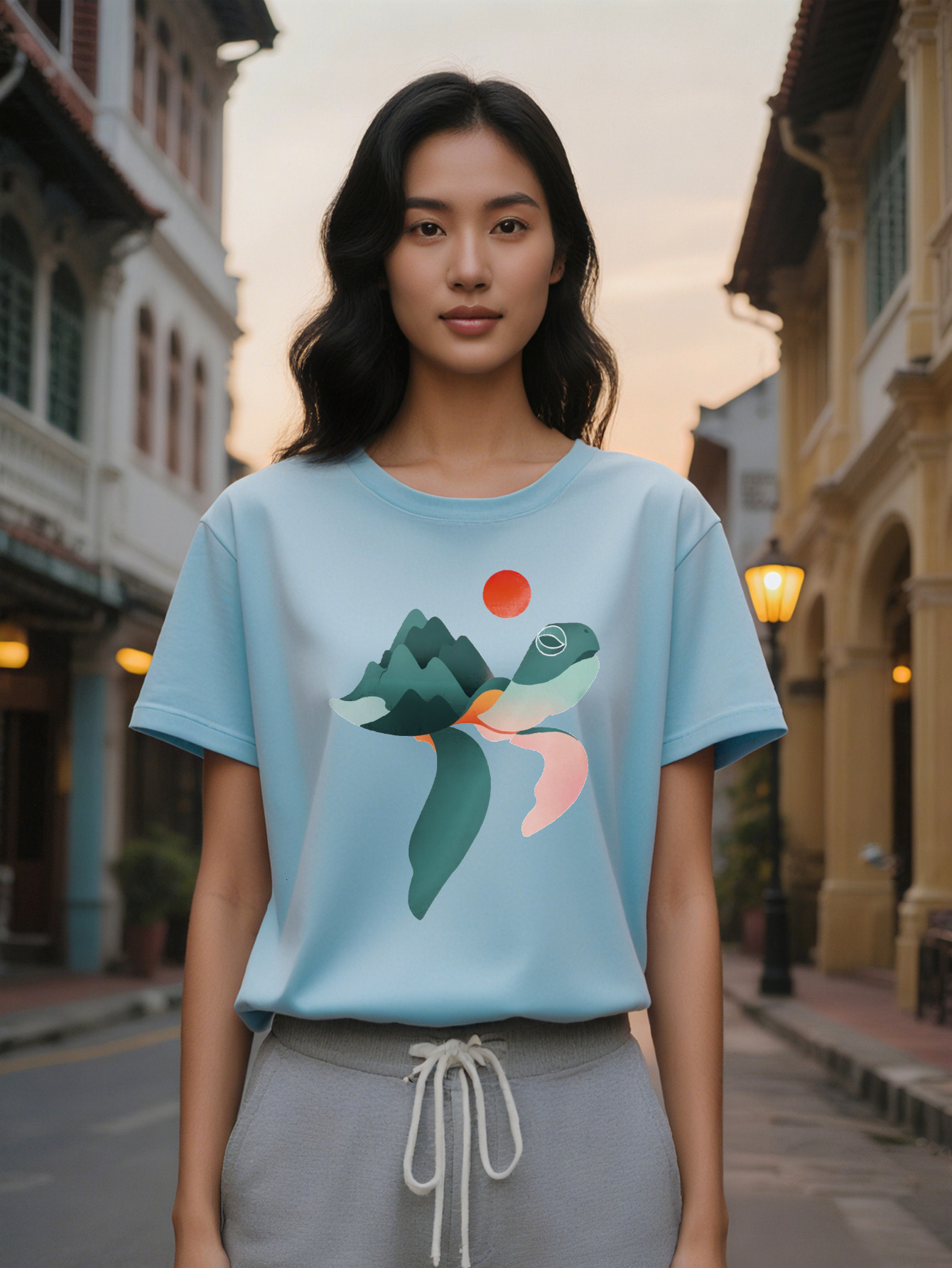 Large XL Women's Casual Graphic Tee Black Round Neck T-Shirt with Stylish Mountain Whale Design Perfect Gift for Women Summer Plus Size