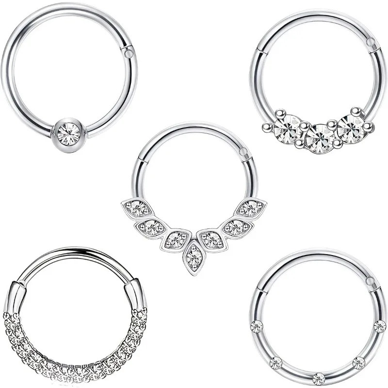 15pcs 16G Fashion 316L Stainless Steel CZ Hinged Septum Clicker Nose Hoop Rings Daith Helix Tragus Cartilage Piercing Jewelry 250903