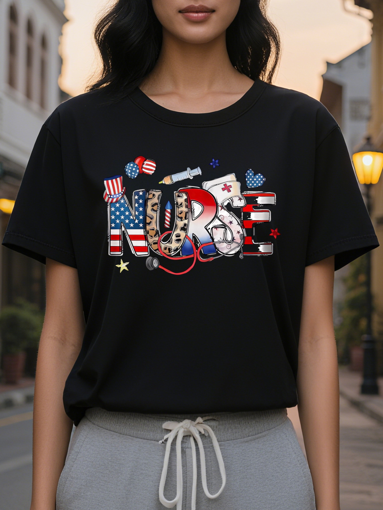 Women's Nurse Pattern Short Sleeve T-Shirt Star Stripe Theme Letter Print Elastic Round Neck Casual Top Spring and