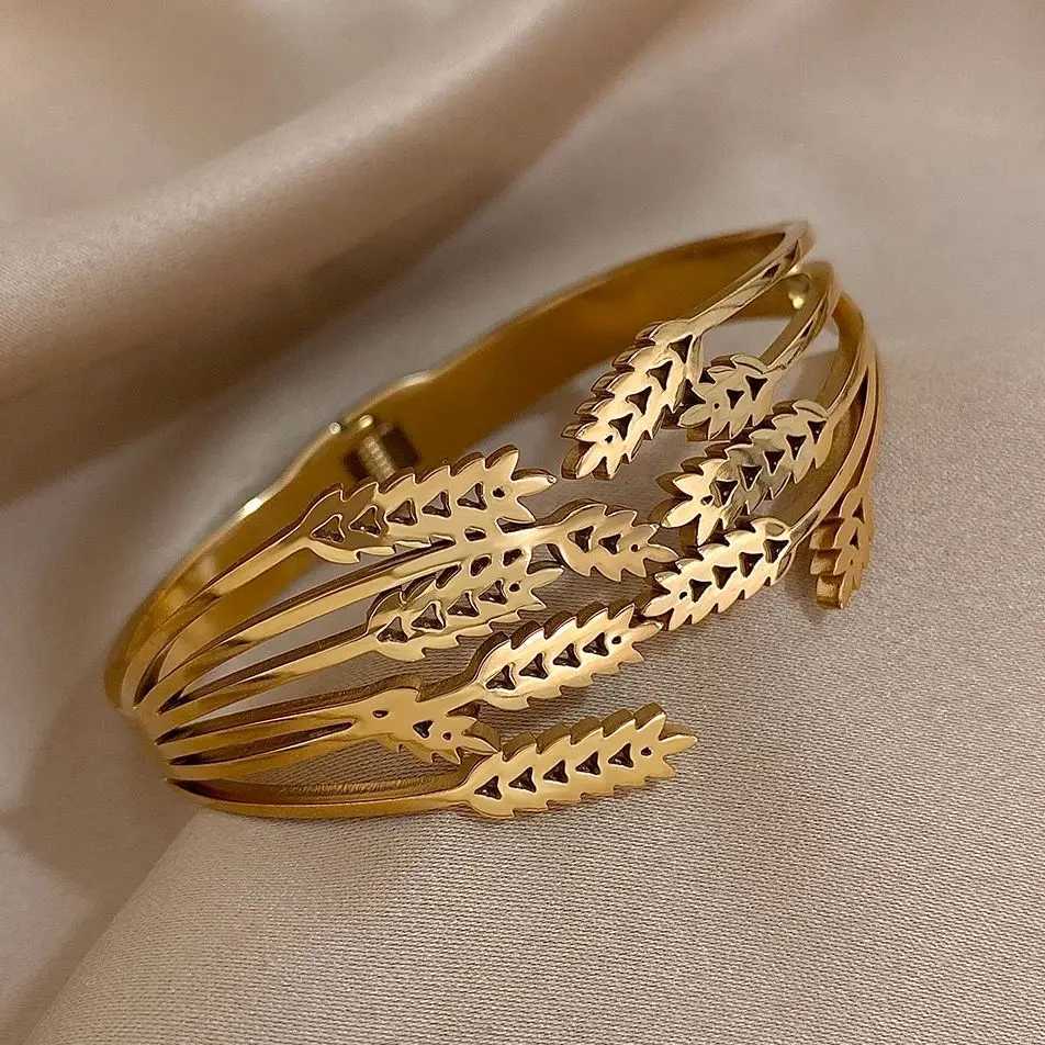 316L Stainless Steel Bracelet for Women Unique Multilayer Ears of Wheat Gold Silver Color Chunky Cuff Bangles Waterproof Jewelry Y250904