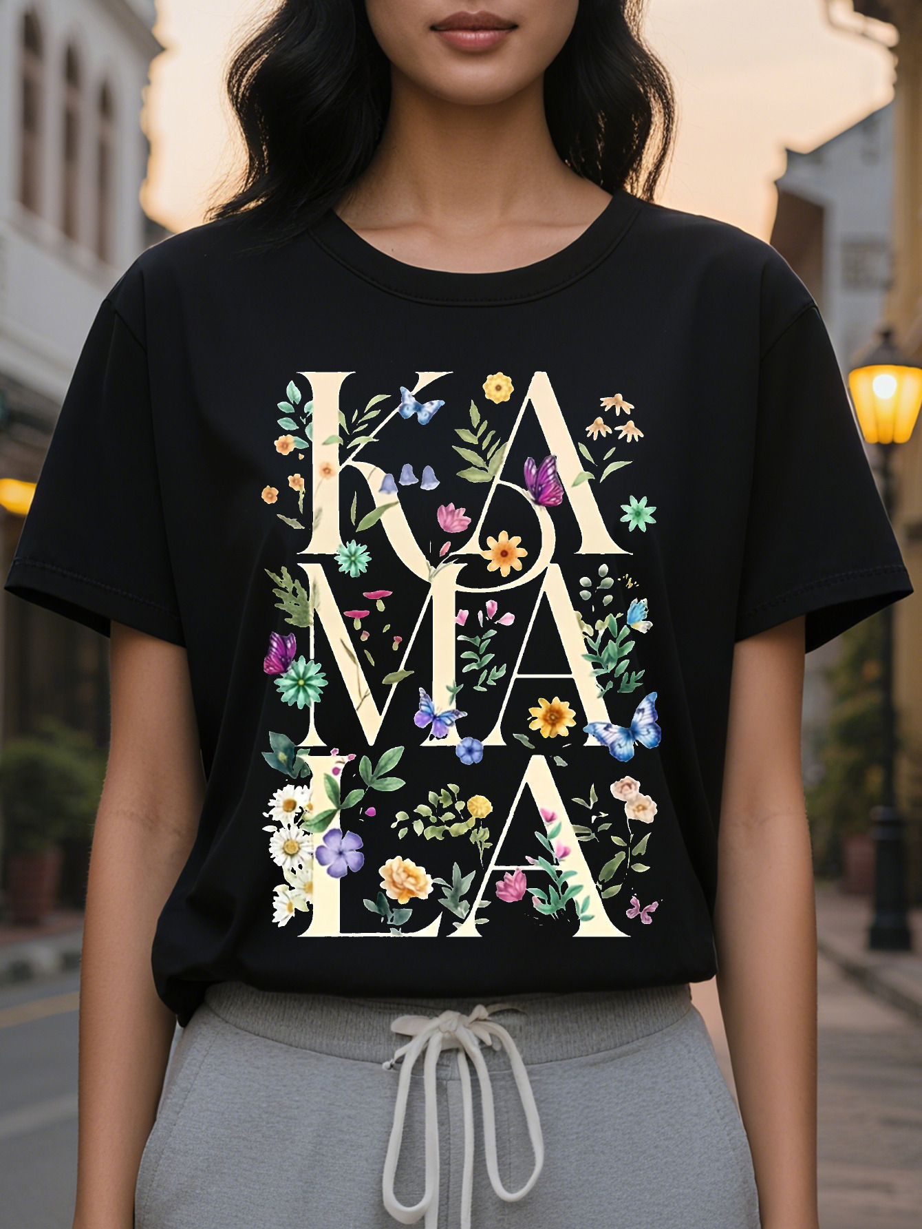 Women S KIMA Print T-Shirt Short Sleeve Crew Neck Cotton Gray with Colorful Flower Design Perfect for Spring