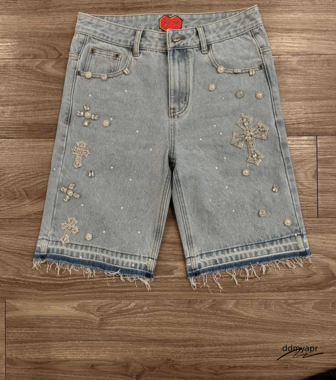 Men's Shorts Gothic Rhinestone Cross Embroidery Viral Denim Jorts Vintage American Trend Gym Men Women Street Hip Hop Jean Ddmyday Short Ddmyday 