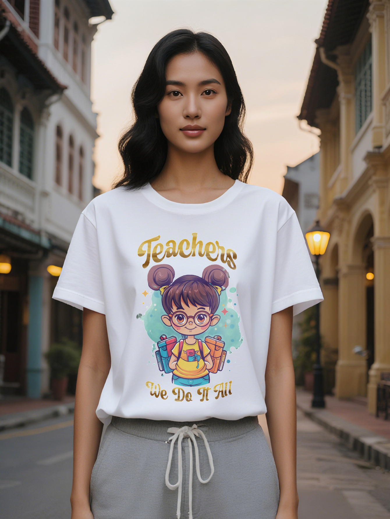 Large XL Lady T Shirt with Cartoon Girl Glasses Teachers We Do It All Print Black Tee, Washable Regular Fit Top for Plus Size