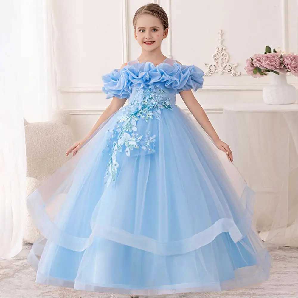 Folding Flower Princess Party Girls Dress Elegant Tulle Bridesmaid Wedding Evening Dress for Girls Birthday Graduation Prom Gown Z250904