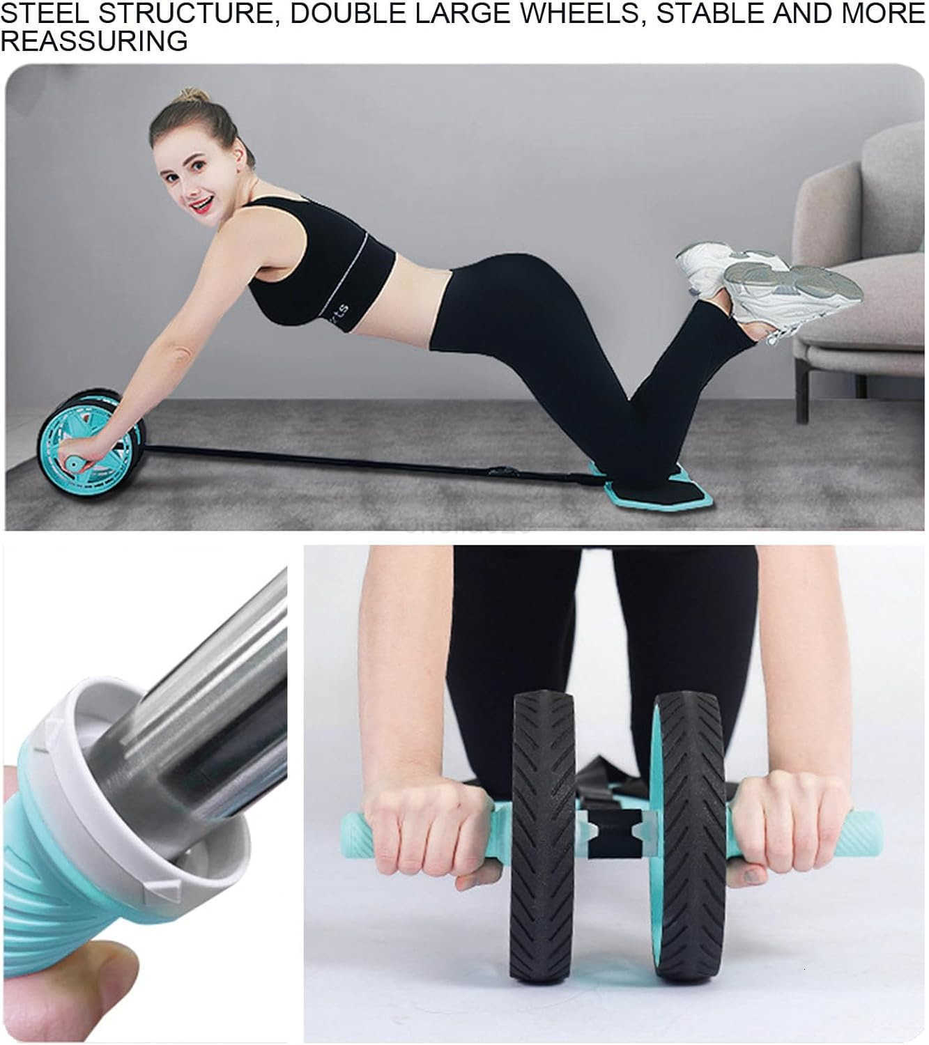 2025 New DoubleWheel Ab Roller for Core Training Rebound Design with Adjustable Elastic Band Silent NonSlip Wheels Detachable Build Knee Pad Bands Hom