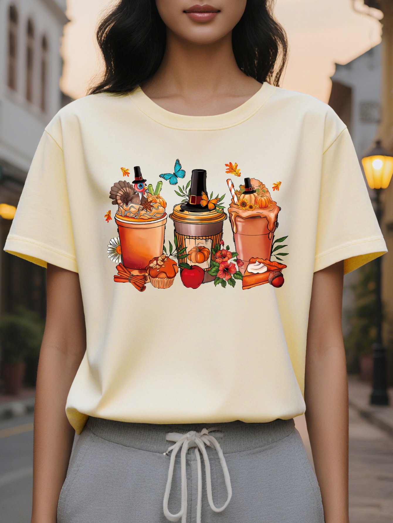 Large XL Women's White Thanksgiving Coffee Print T-Shirt Autumn Harvest Graphic with Pumpkins Leaves Turkey Design Plus Size