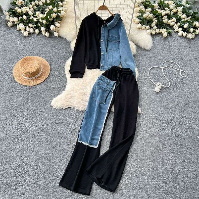 Casual Suit For Women Fashionable Design Hooded Sweatshirt High Waist Denim Splicing Wide Leg Pants Two Piece Set
