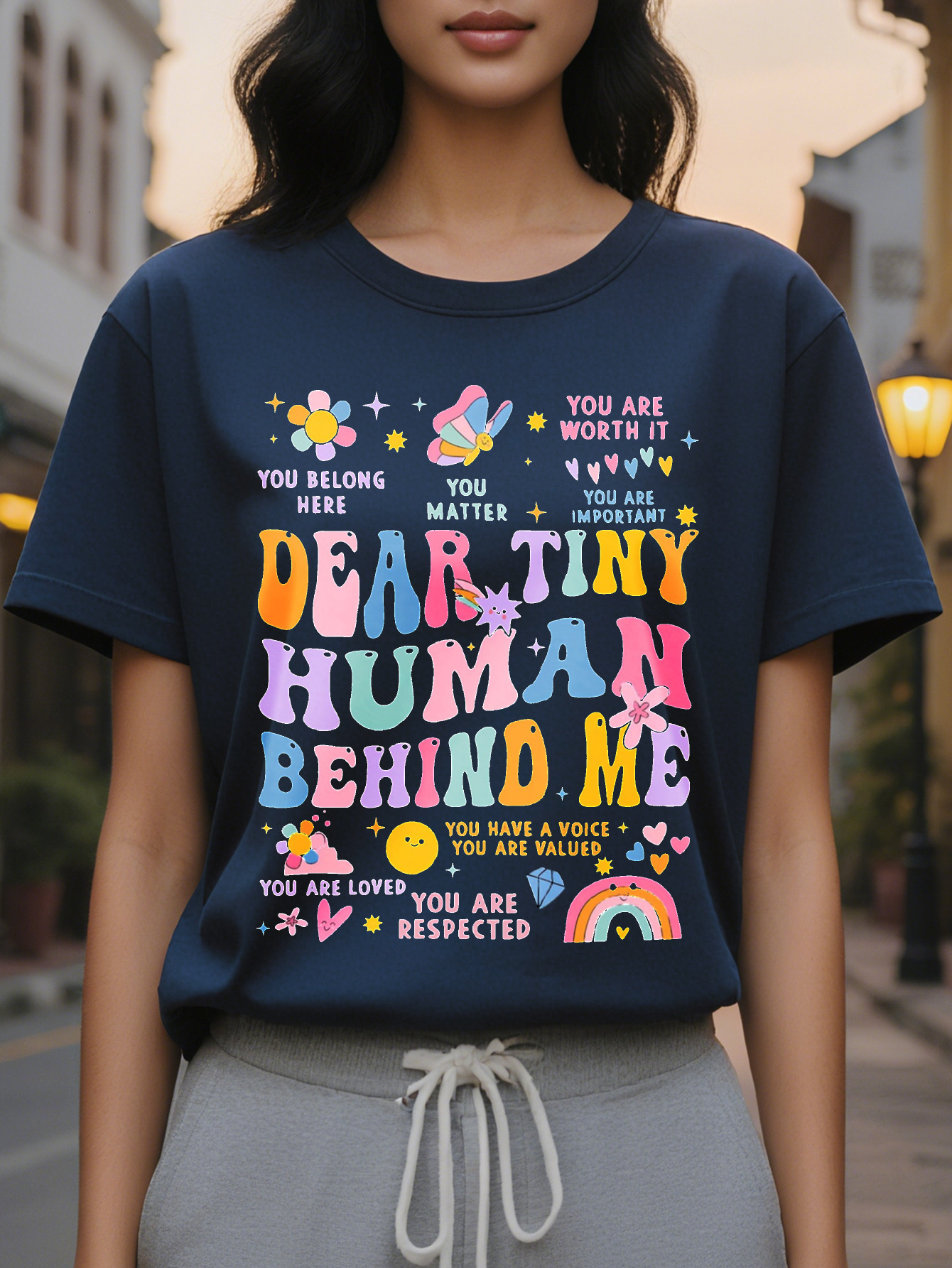 Large XL Short Sleeve Women's Letter Rainbow Print Crew Neck T-shirt for Spring Summer Casual Top Plus Size