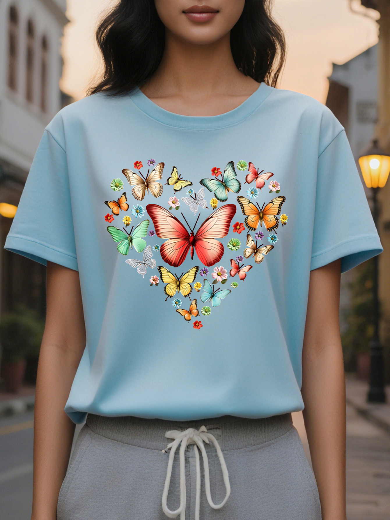 Women s Casual Short Sleeve Crew Neck T-Shirt Floral Heart Butterfly Print Soft Pink Semi Sheer H-Line Top