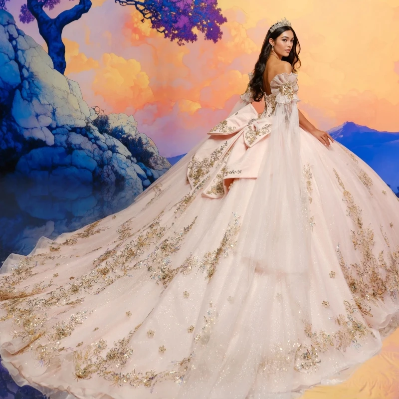 Pink Shiny Quinceanera Dresses Ball Gown Off The Shoulder Applique Lace Bow Beads Tull With Cape Sweet 16 Dress Vestidos 15 De