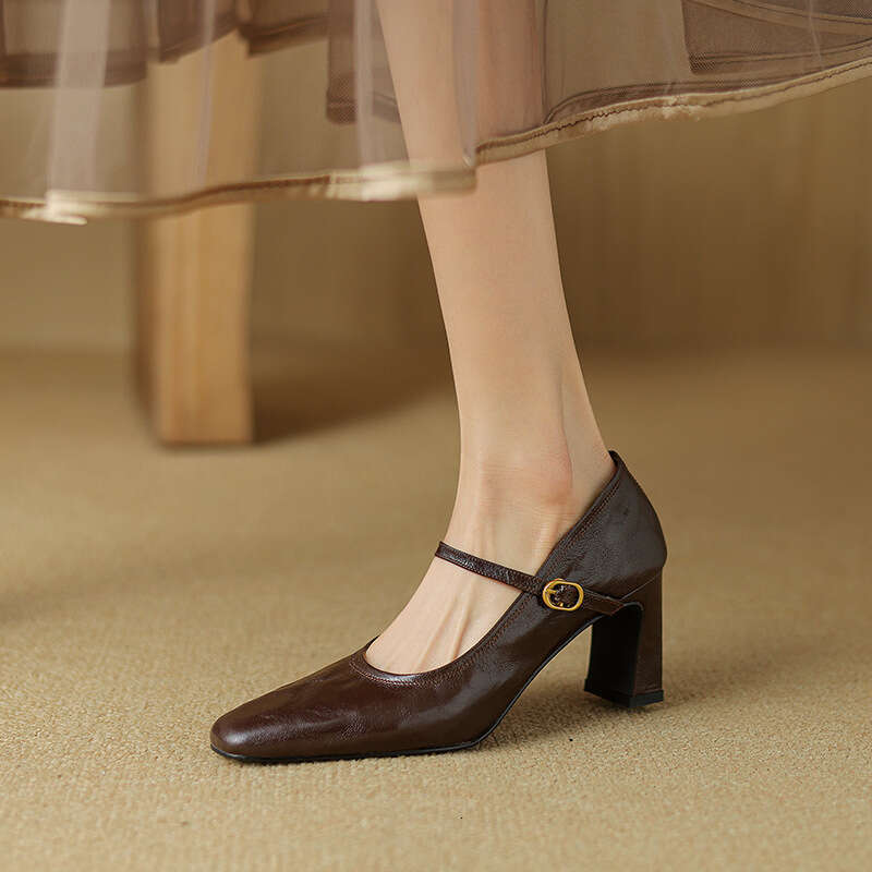 High Women's Autumn New Designer Shoe Sheepskin One-Strap Thick Heel Black French Genuine Leather Mary Jane Shoes