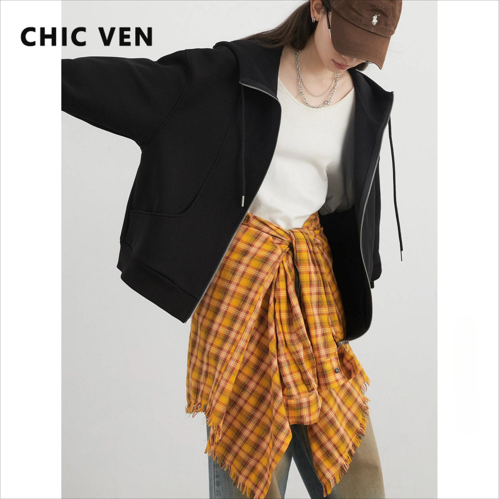 CHIC VEN Women Sweatshirts Loose Drawstring Hooded Female Jacket BF Style Woman Sports Coat Spring Autumn 250904