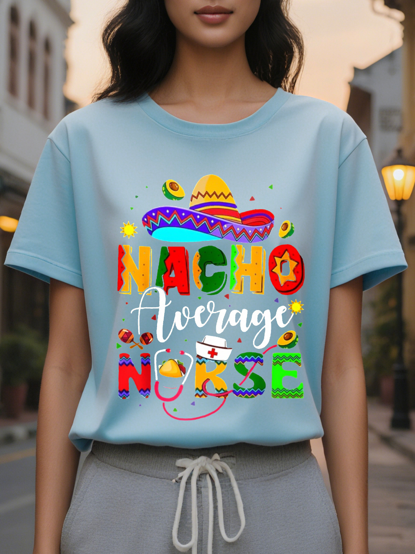 Nacho Women's Casual Short Sleeve T-Shirt Daily Color Nachos and Cheese Print Translucent Round Neck Summer Top