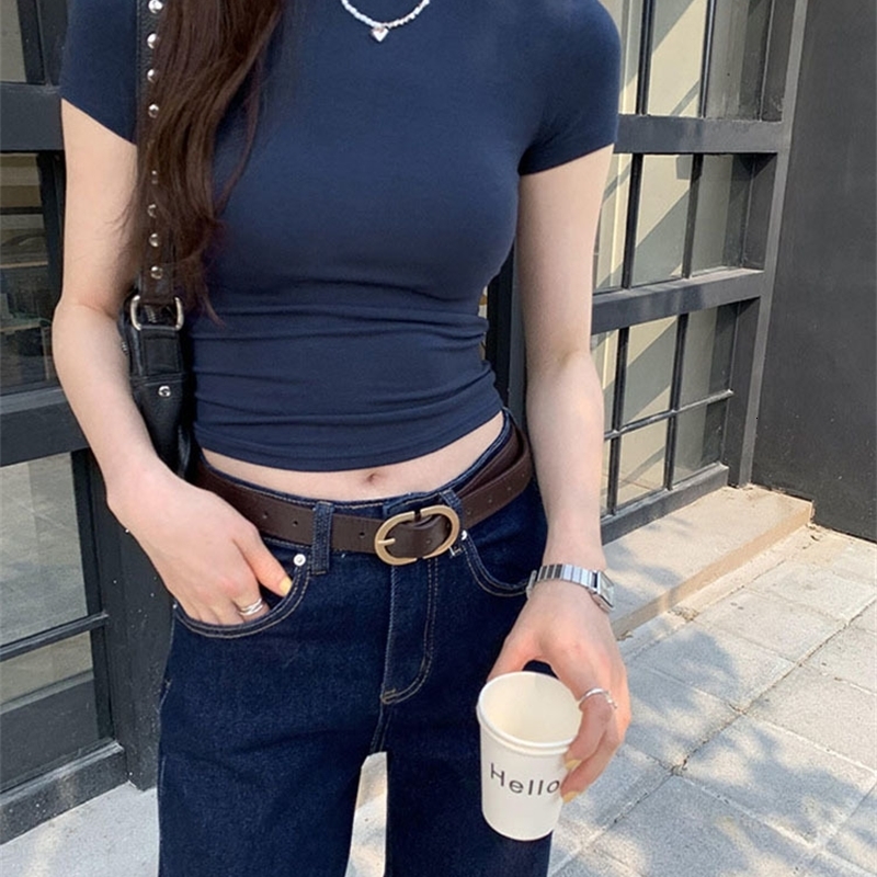 Basic Solid Crop Top Short Sleeve Crewneck Skinny Tshirt Summer Casual Tee for Women y2k Vintage Harajuku Streetwear w250903