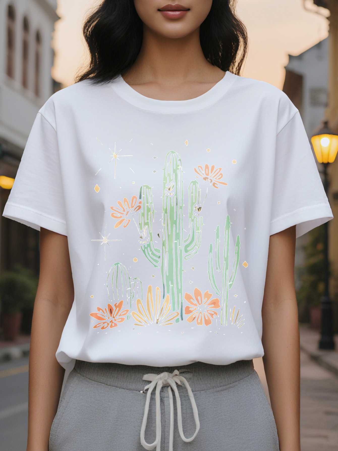 Cactus Printed Women's Summer Dress Combination Version Round Neck T-shirt