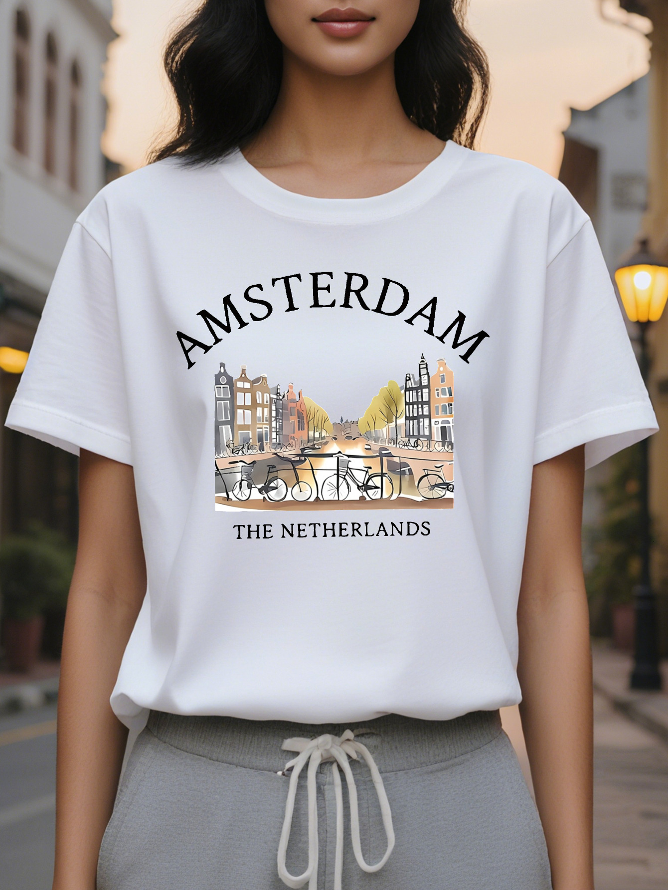 Large XL Soft Stretch Women's Graphic Print T-Shirt Amsterdam Netherlands Dutch Architecture Canals Breathable Spring Summer Plus Size