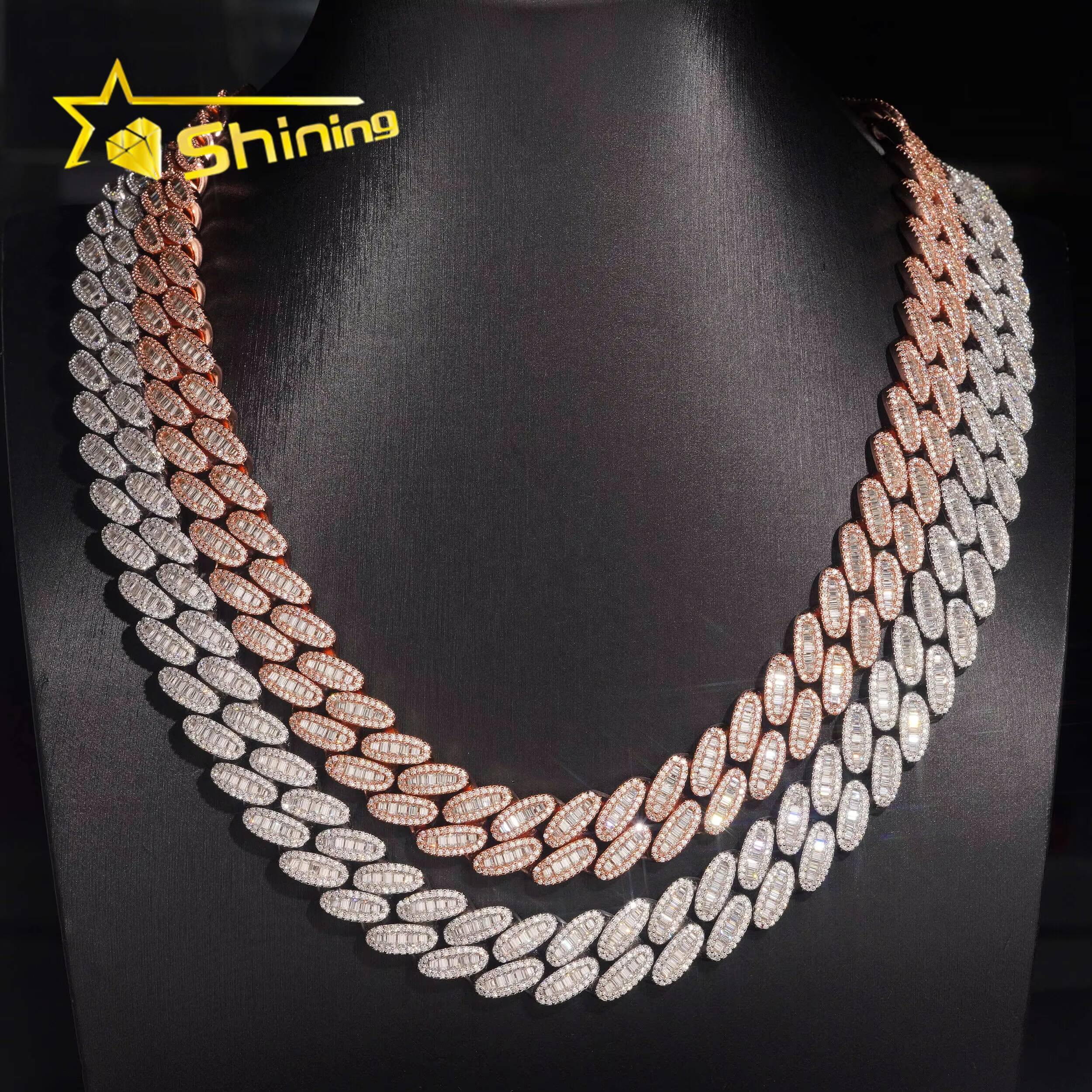 925 Sterling Silver Jewelry GRA Certificate 15mm Baguette Moissanite Hip Hop Cuban Link Chains Necklace