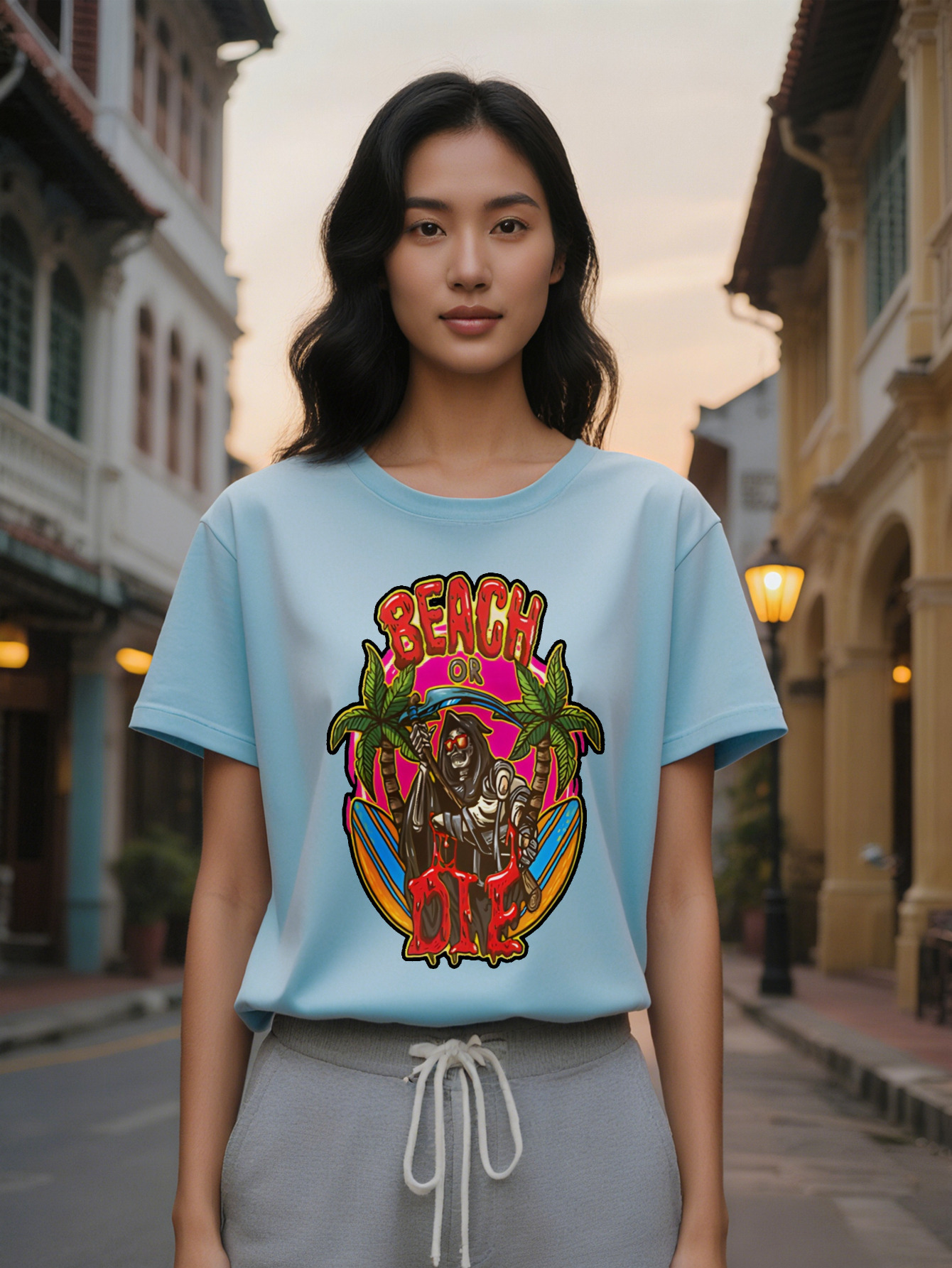 Large XL Casual Graphic T-Shirt with Beach Skull Scythe Palm Tree Print Black Round Neck Short Sleeve Summer Tee for Plus Size