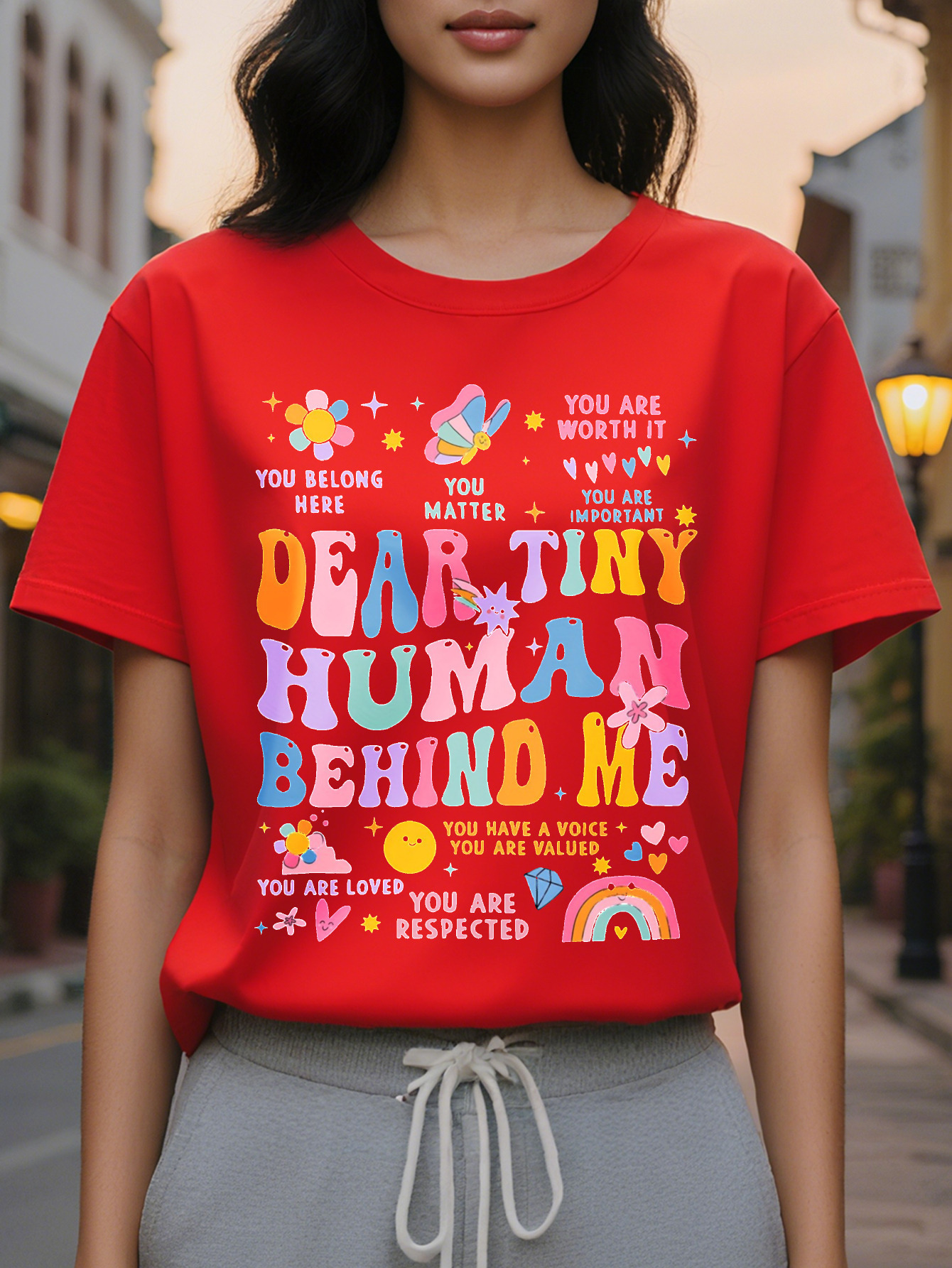 Large XL Short Sleeve Women's Letter Rainbow Print Crew Neck T-shirt for Spring Summer Casual Top Plus Size