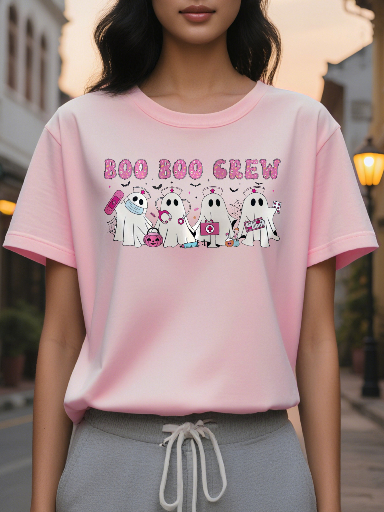Women's nurse ghost theme T-shirt, white round neck casual top with bat and Boo Crew words, washable for summer