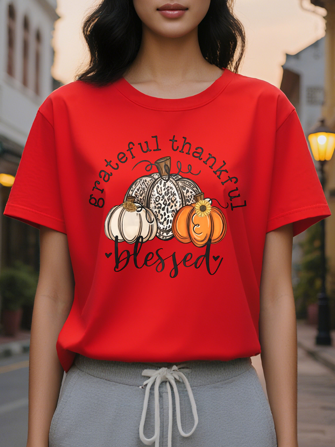 Large XL Women S Autumn Graphic T-Shirt Grateful Blessed Message with Pumpkins Round Neck Tee for Fall Spring Washable Plus Size