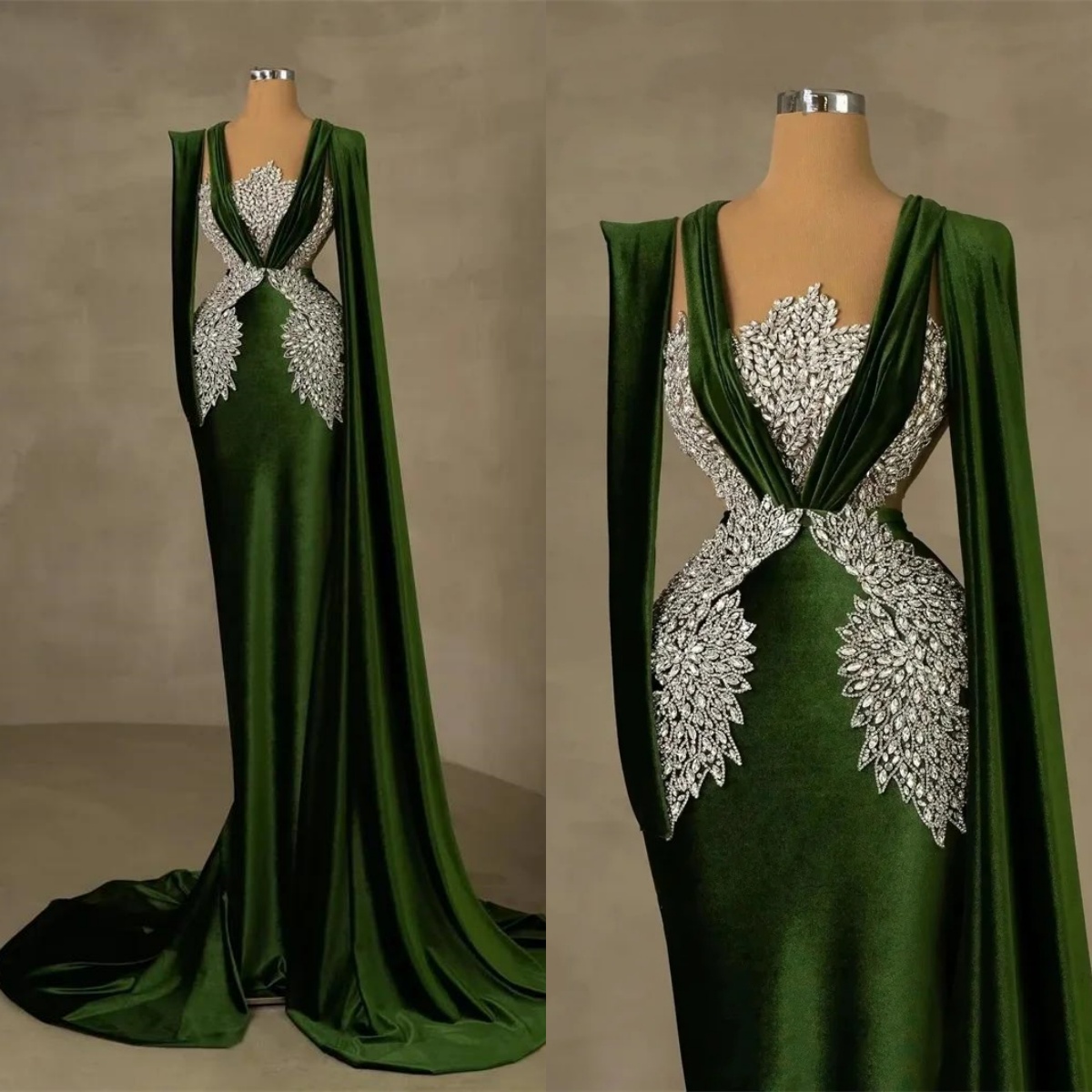 Stylish Mermaid Evening Dress V Neck Beaded Diamond Prom Gowns Sexy Long Sleeve Floor Length Party Dresses Customized