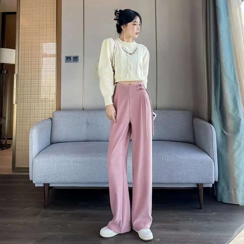 Meilade Autumn Winter New Chinese Style Buttoned Fleece Chenille Wide-Leg for Women High Waist Draped Straight Casual Pants