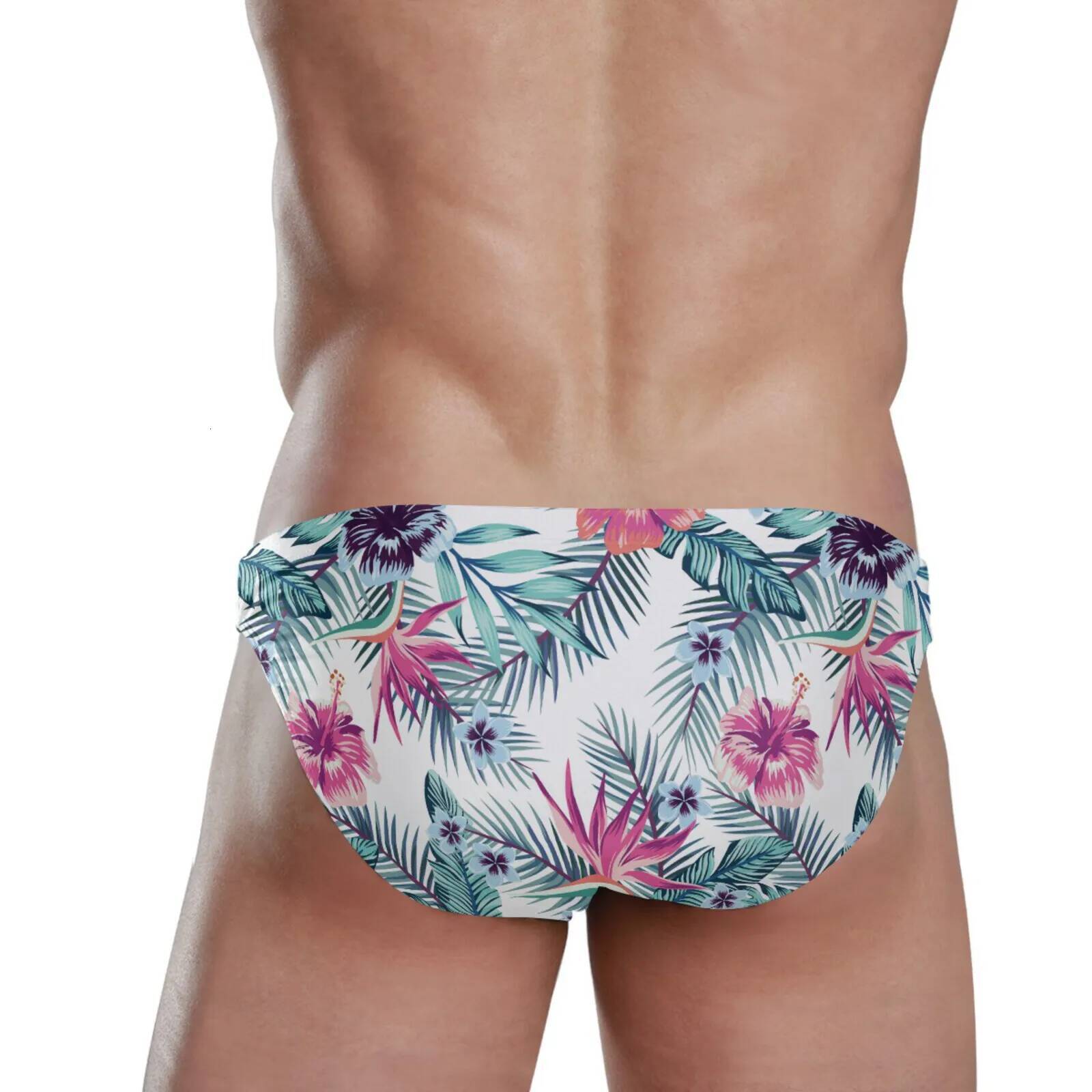 Fashion Swim Suit Sexy Low Waist Push Up Padded Mens Swimwear Briefs Beach Surfing Swimming Trunks Palm Tree Bathing