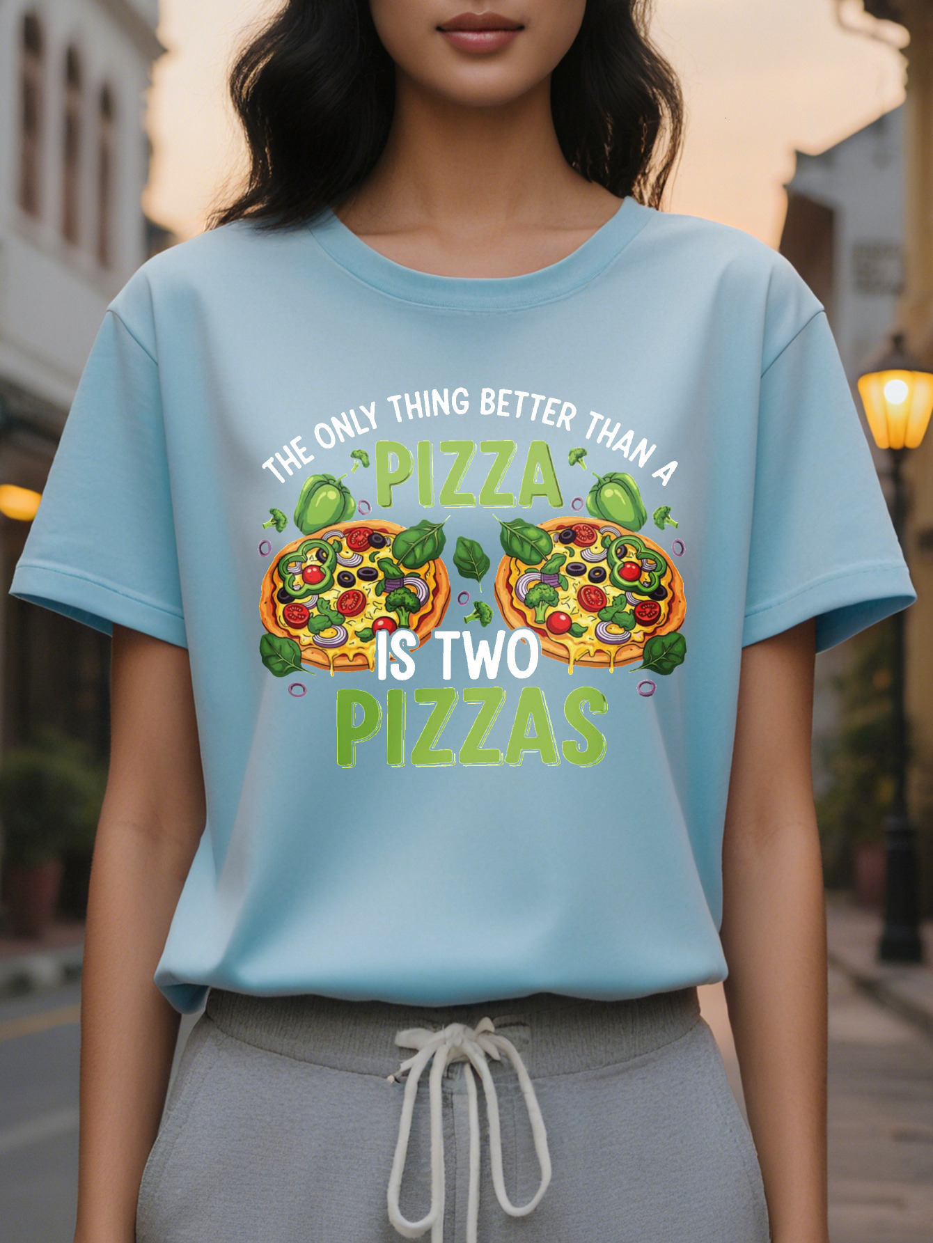 Women's Fun Lover T-shirt Pizza is my love language Two pizzas with pepperoni vegetable design Casual round