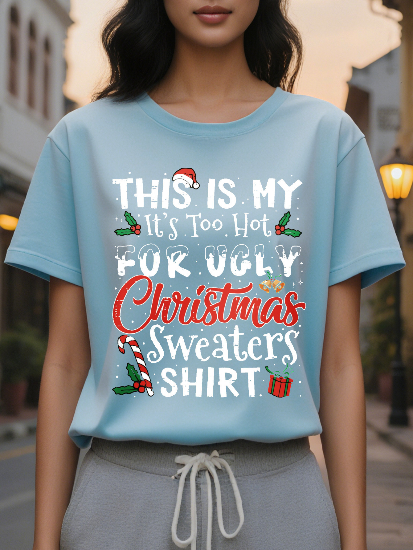 Christmas Tee Print Crew Neck T-shirt Casual Short Sleeve Top for Women Spring Summer Clothing