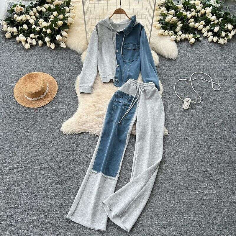 Casual Suit For Women Fashionable Design Hooded Sweatshirt High Waist Denim Splicing Wide Leg Pants Two Piece Set