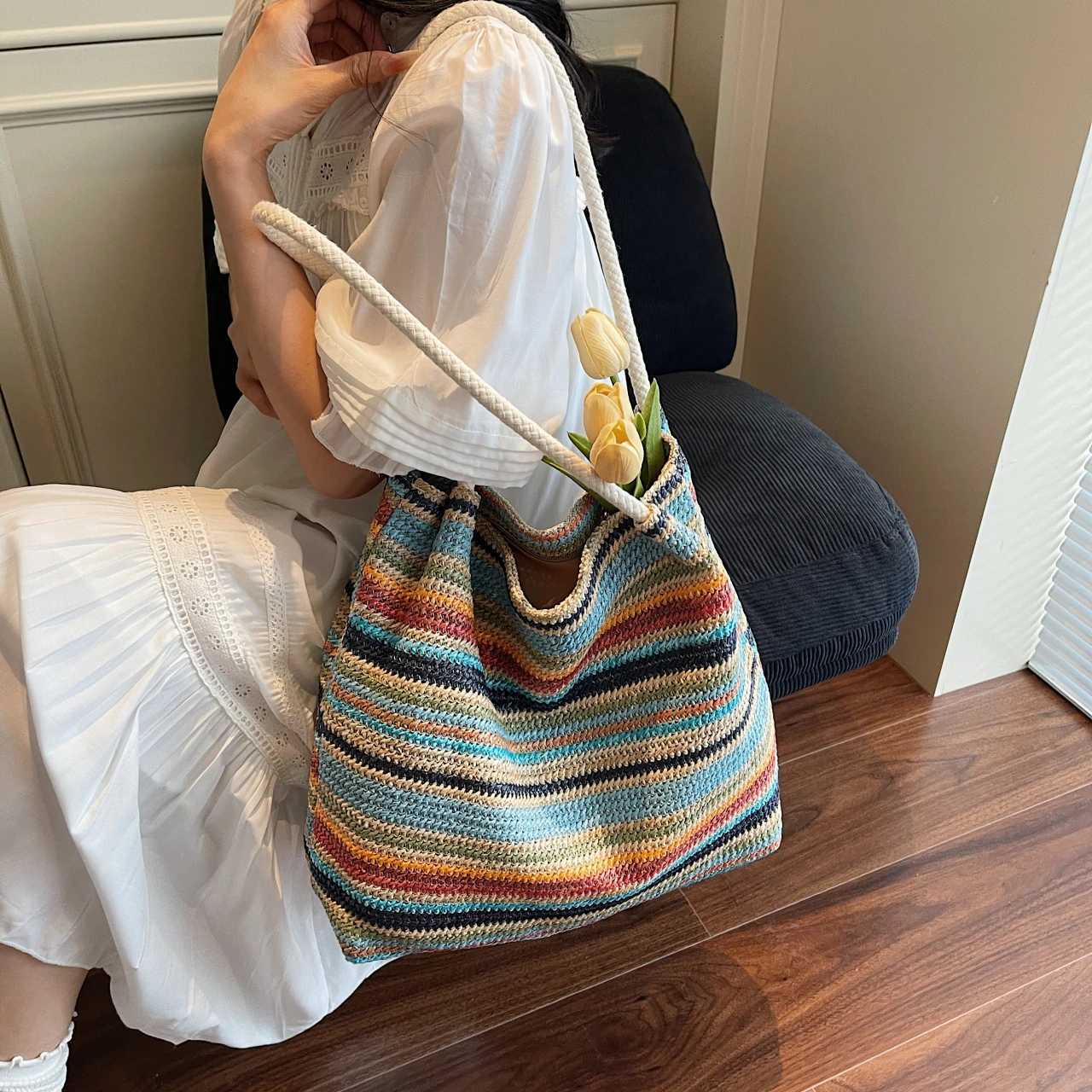 2025 Summer New Arrival Crossborder Woven Tote Bag Largecapacity Lightweight Straw Weave Beach Bag Womens ShoulderUnderarm H Z250903