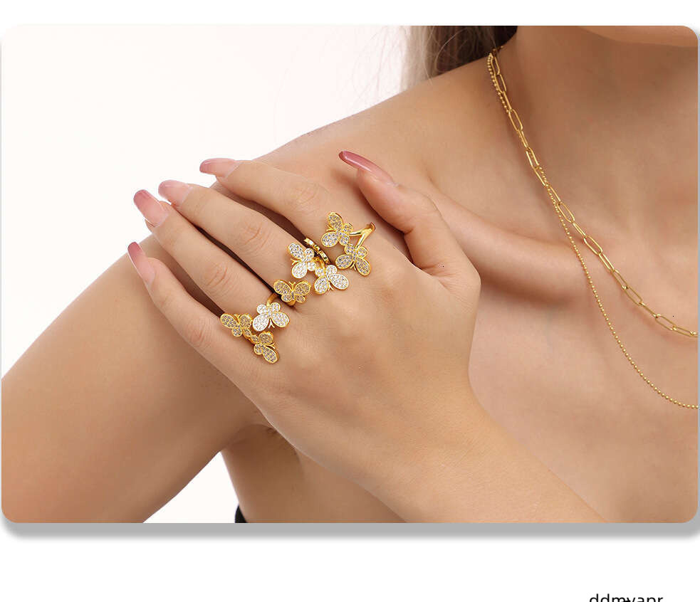 Ddmyday Gold Plated Butterfly - Open Adjustable CZ Flower Ring For Women | Dainty Bohemian Stackable Jewelry (Size 7) Ddmyday