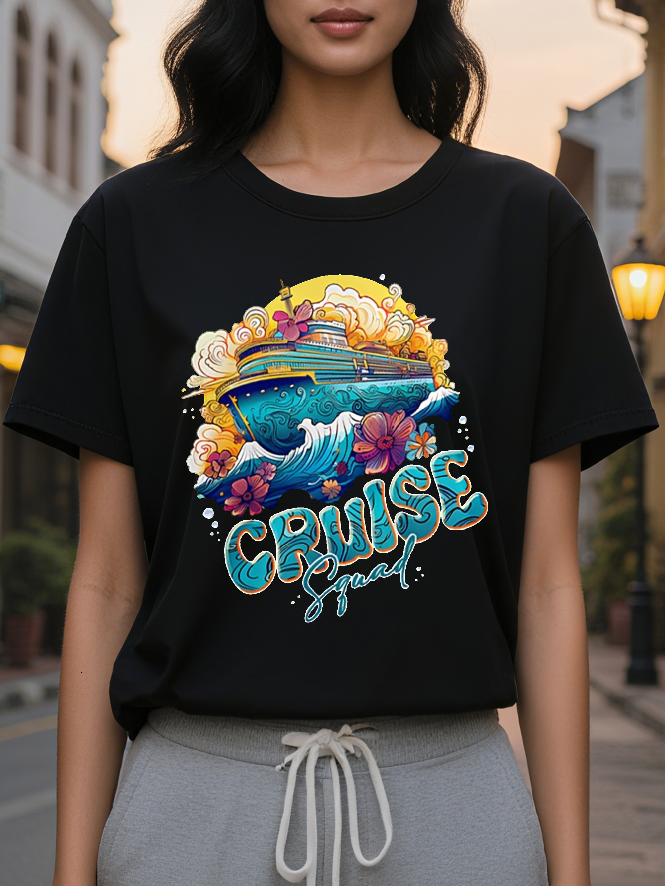 Women's CRUISE pattern printed T-shirt with nautical whale wave design, cotton fiber, light square meters, loose version