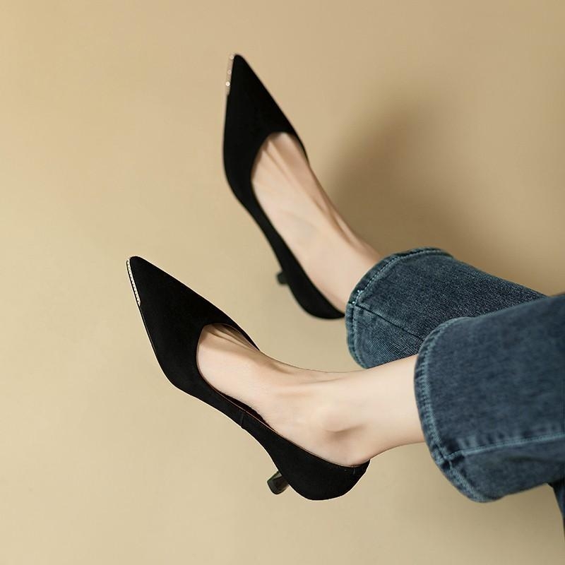 Women's black versatile low-heeled shallow-mouth pumps spring and autumn styles pointed-toe mid-heeled fashionable high heels
