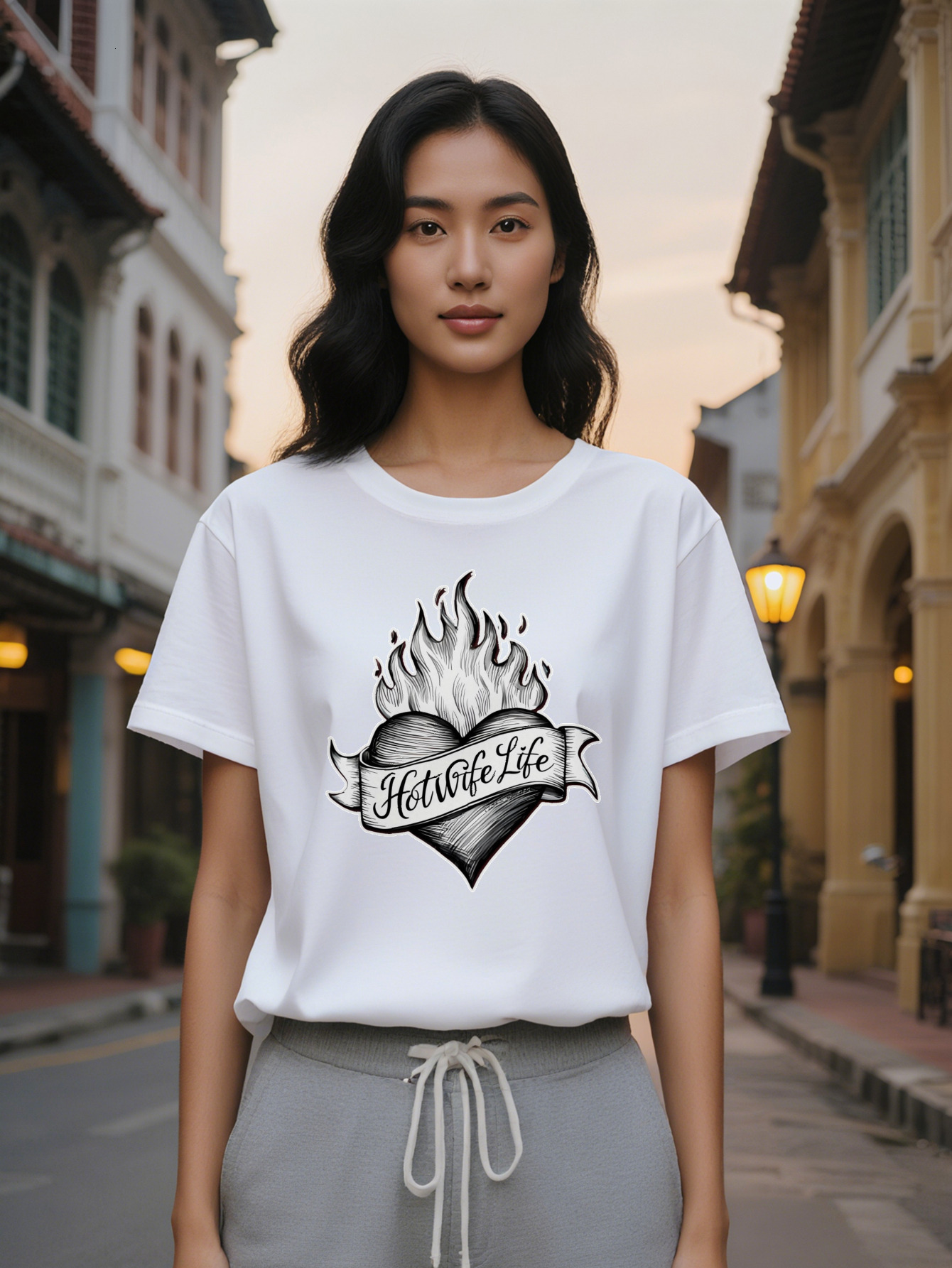 Large XL Women's T-Shirt with Heart Flame Print Hotwife Text Black Round Neck Summer Tee Washable Regular Fit Top for Plus Size