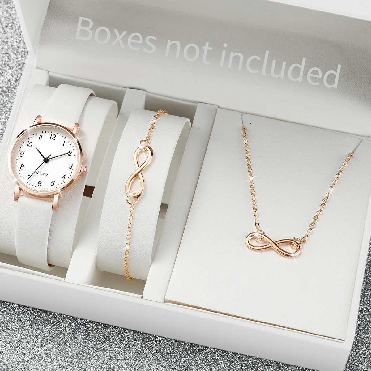 3pcsset Wen Leather Simple Quartz Watch with Number 8 Bracelet Necklace Set X250904
