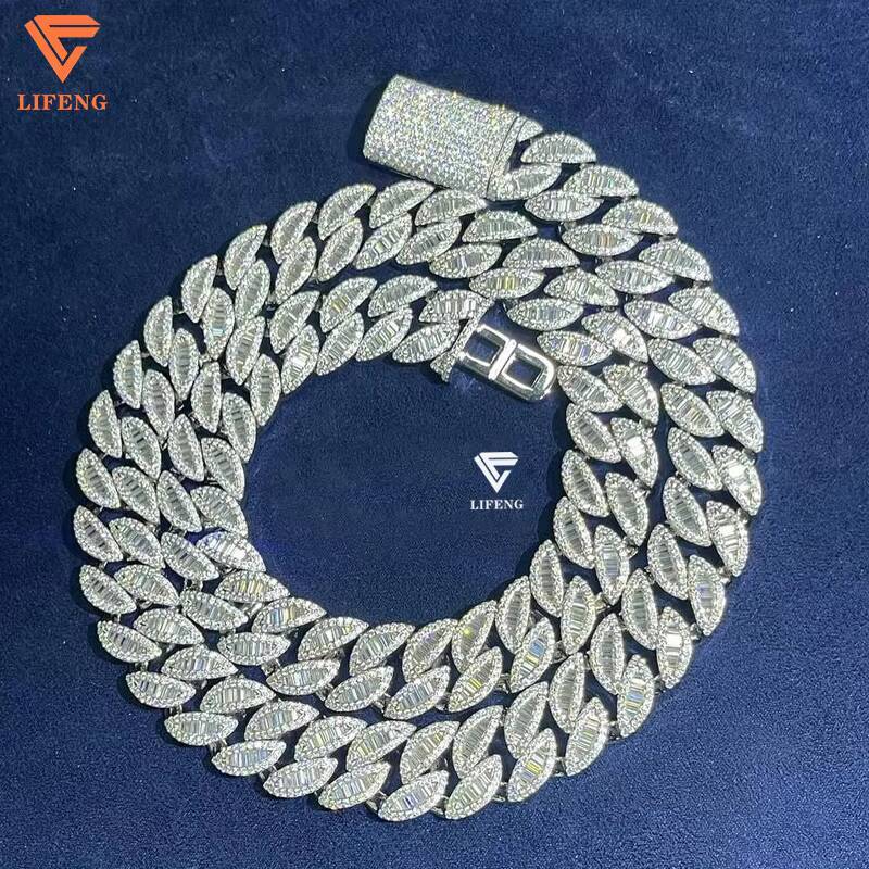 Custom White Gold Plated 16mm Baguette 925 Soild Silver Diamond VVS Moissanite Hiphop Cuban Link Chains Necklace Platinum