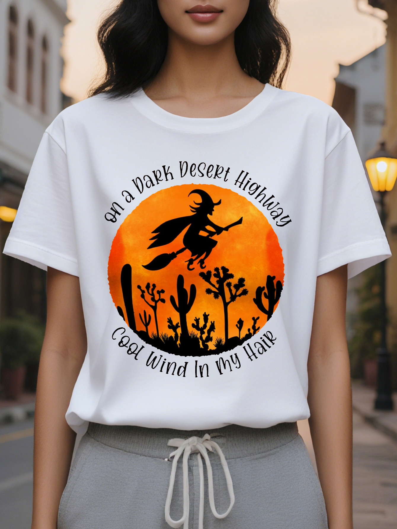 Women's Halloween T-Shirt Olive Green with Flying Witch Cactus Moon Design Lightweight Stretchy Costume Party