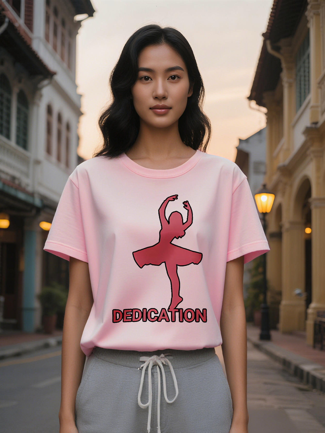 Large XL Lady Casual Ballet Dancer Silhouette Dedication Print T-Shirt Lightweight Crew Neck Tee Regular Fit Summer Top Plus Size