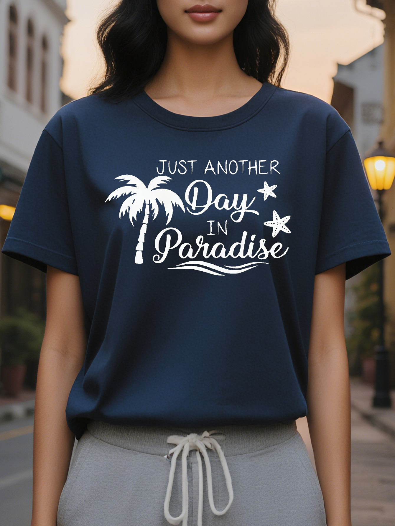 Large XL Chic Women's Coconut Tree Print Tank Top Just Another Day in Paradise Design Dark Blue Round Neck Washable Plus Size